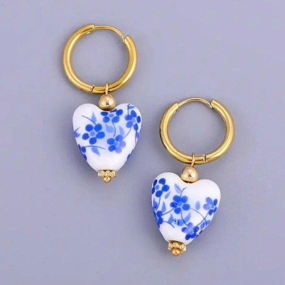 Anthropologie Jewelry - Anthropologie Porcelain Portofino Heart Stainless Steel Pearl Earrings